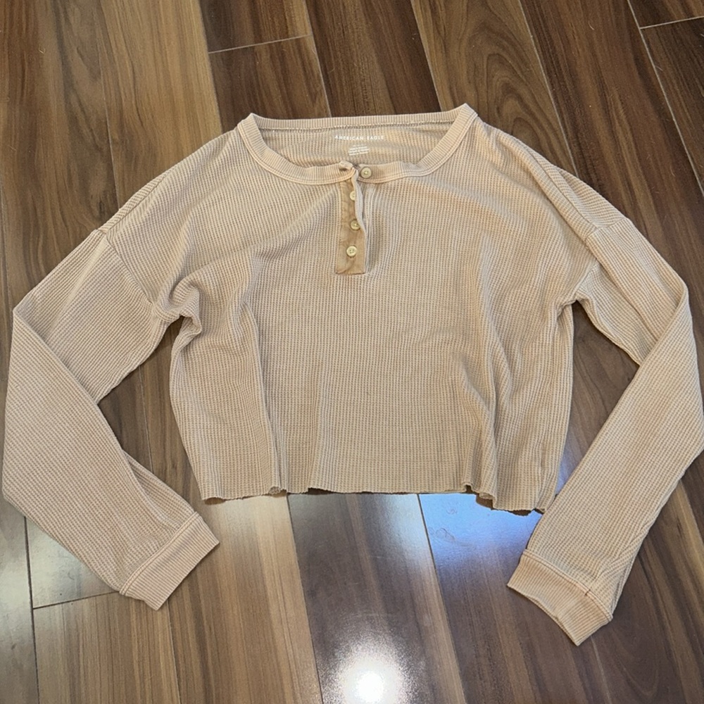 Medium American Eagle thermal knit caramel tan oversized long sleeve top
